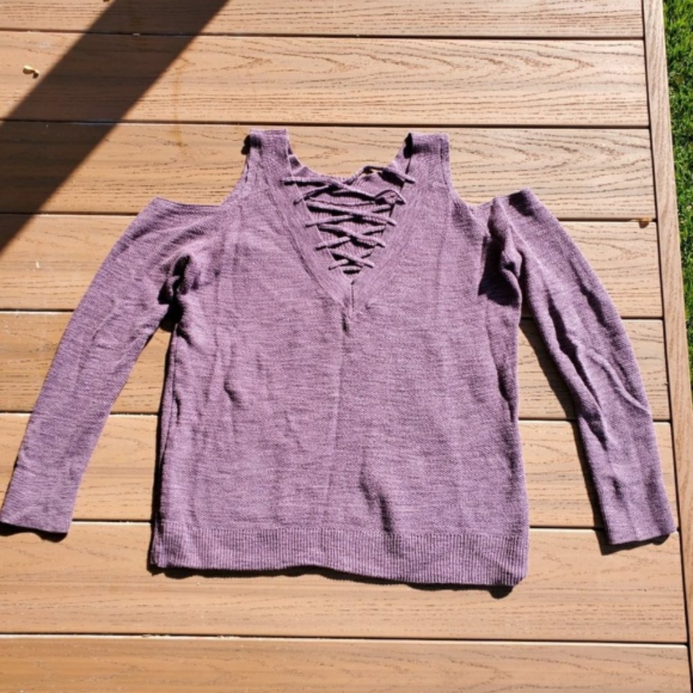 Express Pastel Purple Sweater Cold Shoulder Reversible Strappy Stretch Preppy S